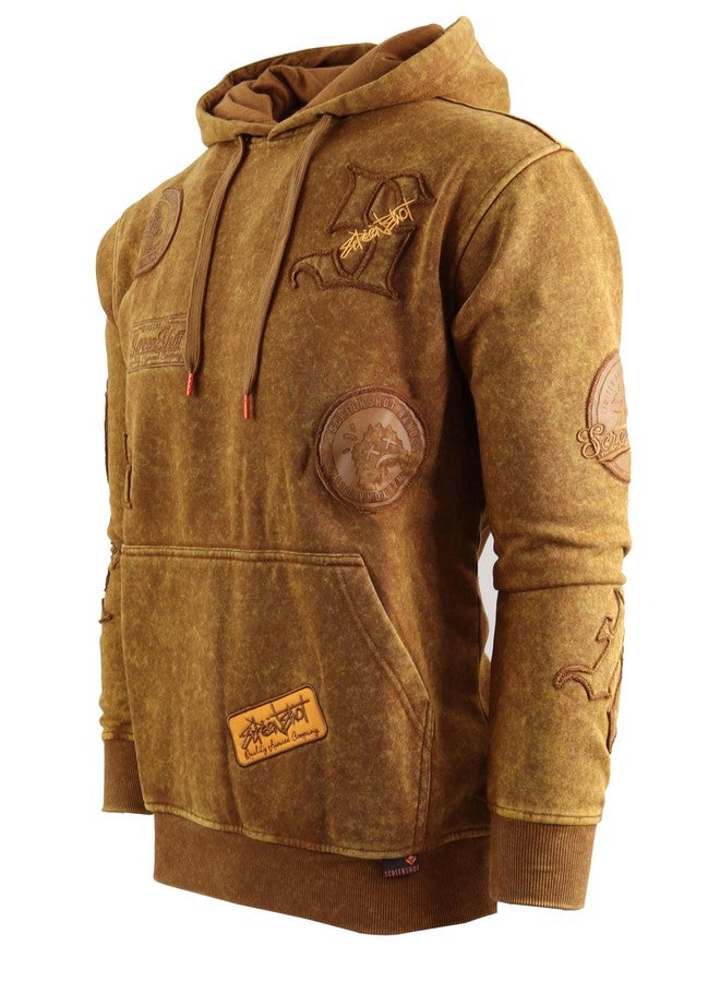 SCREENSHOT-H11456 Mens Upgraded Premium Streetwear Stone Washed Fleece Hoodie - Urban Vintage Embroidery Patch Pullover Sweatshirt-Washed Toffee-Medium - Image 1